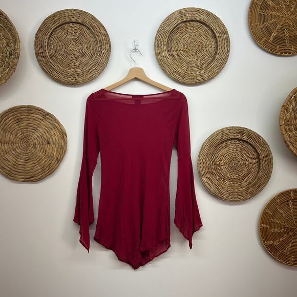 Vintage Y2K 2000s Express Red Silk Fairy Asymmetrical Long Sleeve Blouse 3/4 - Picture 3 of 6